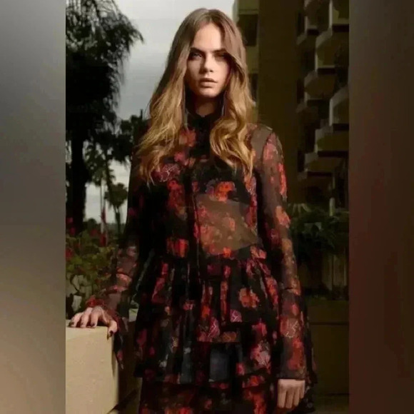 Thakoon Pink Black Floral Silk Ruffle Sheer Midi Dress Size 2 - Picture 2 of 7